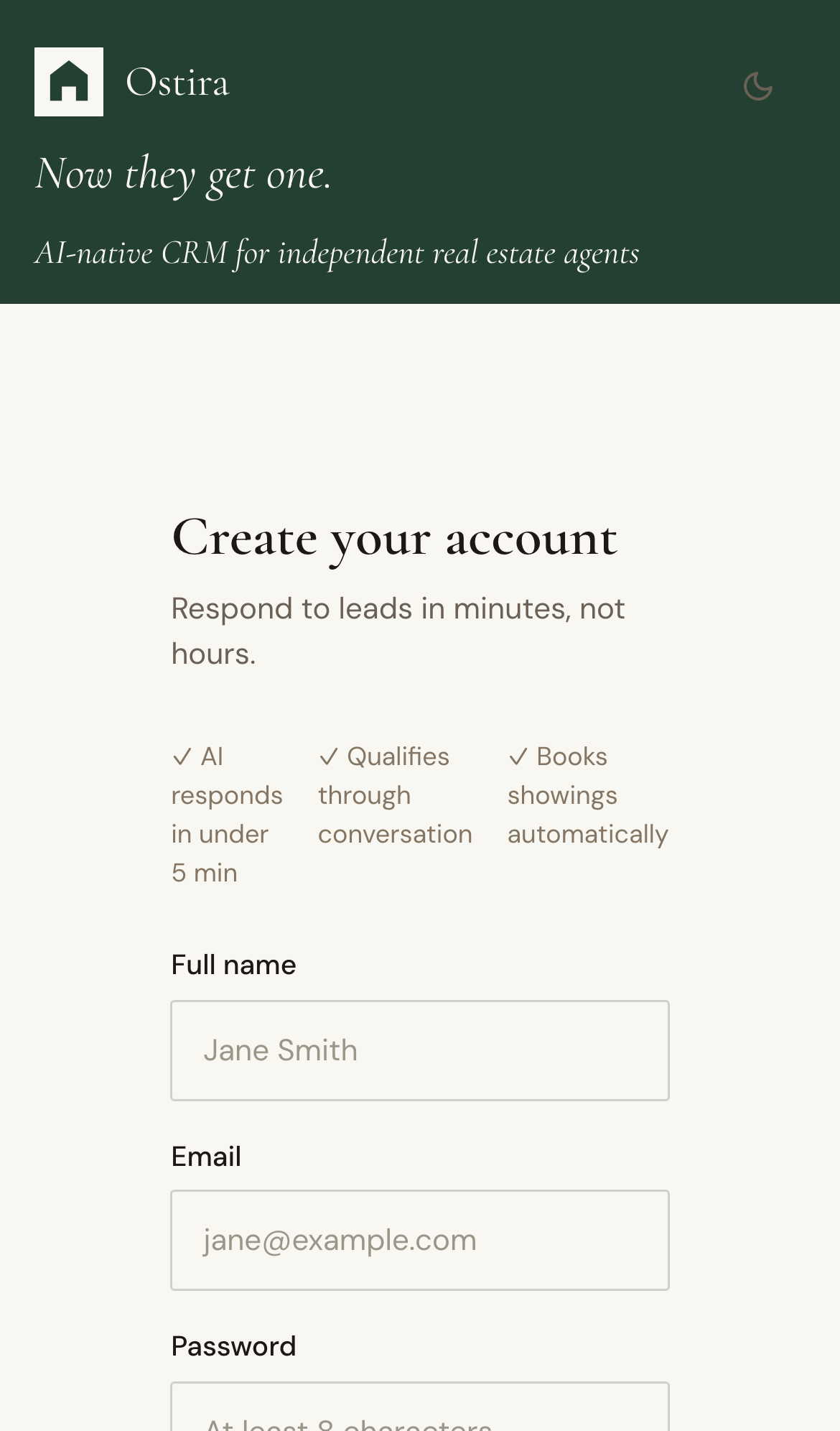 Mobile screenshot for Create Your Account: Open Sign Up and enter your name, email, and password.