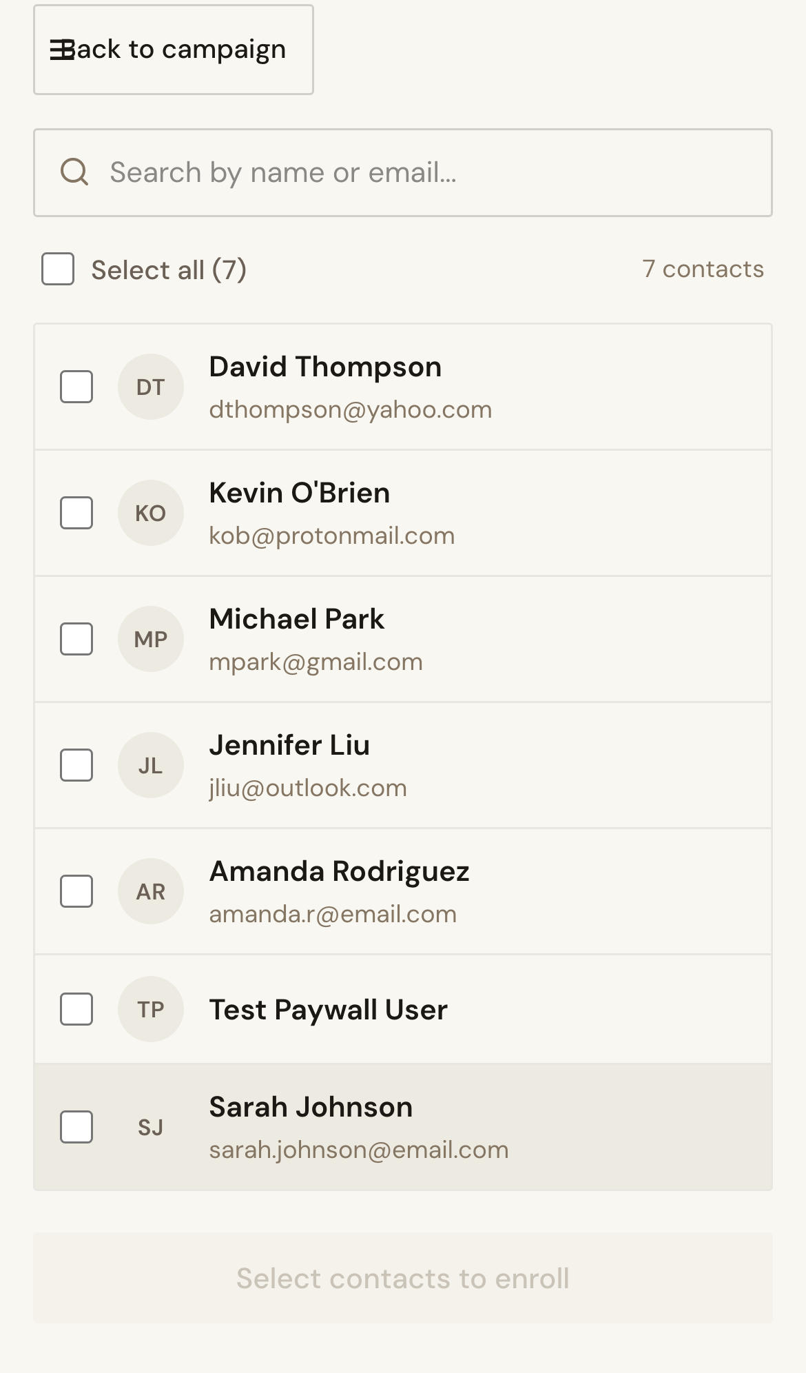 Mobile screenshot for Enroll Contacts in a Campaign: Search or filter contacts, then select eligible records.