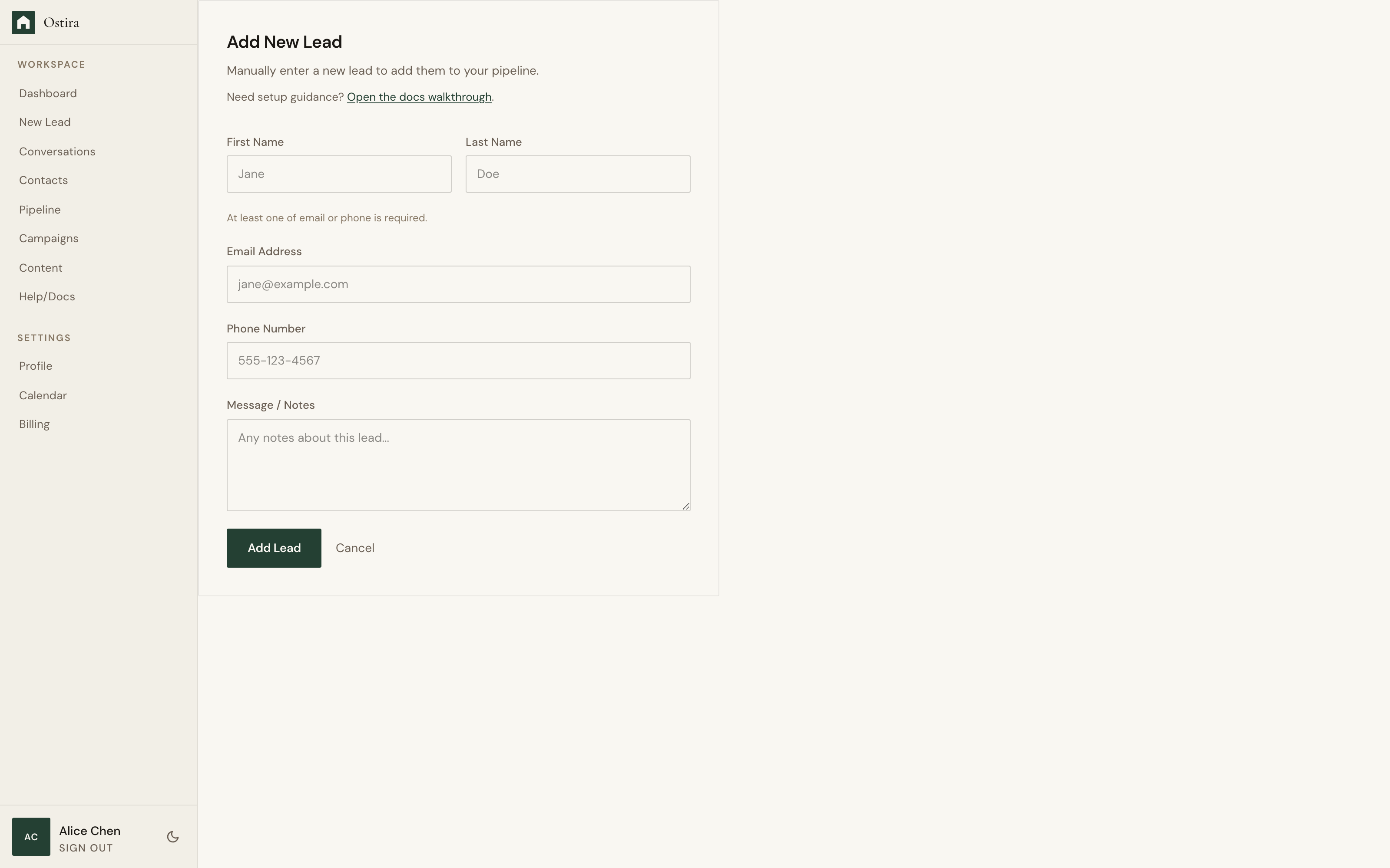 Desktop screenshot for Add Your First Lead: Open New Lead from the sidebar.