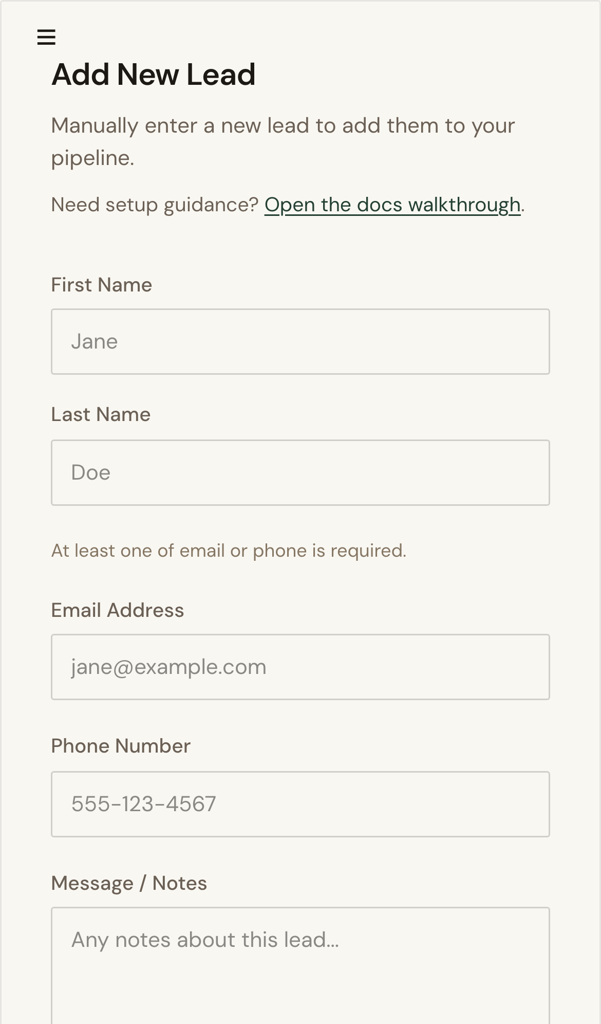 Mobile screenshot for Add Your First Lead: Open New Lead from the sidebar.