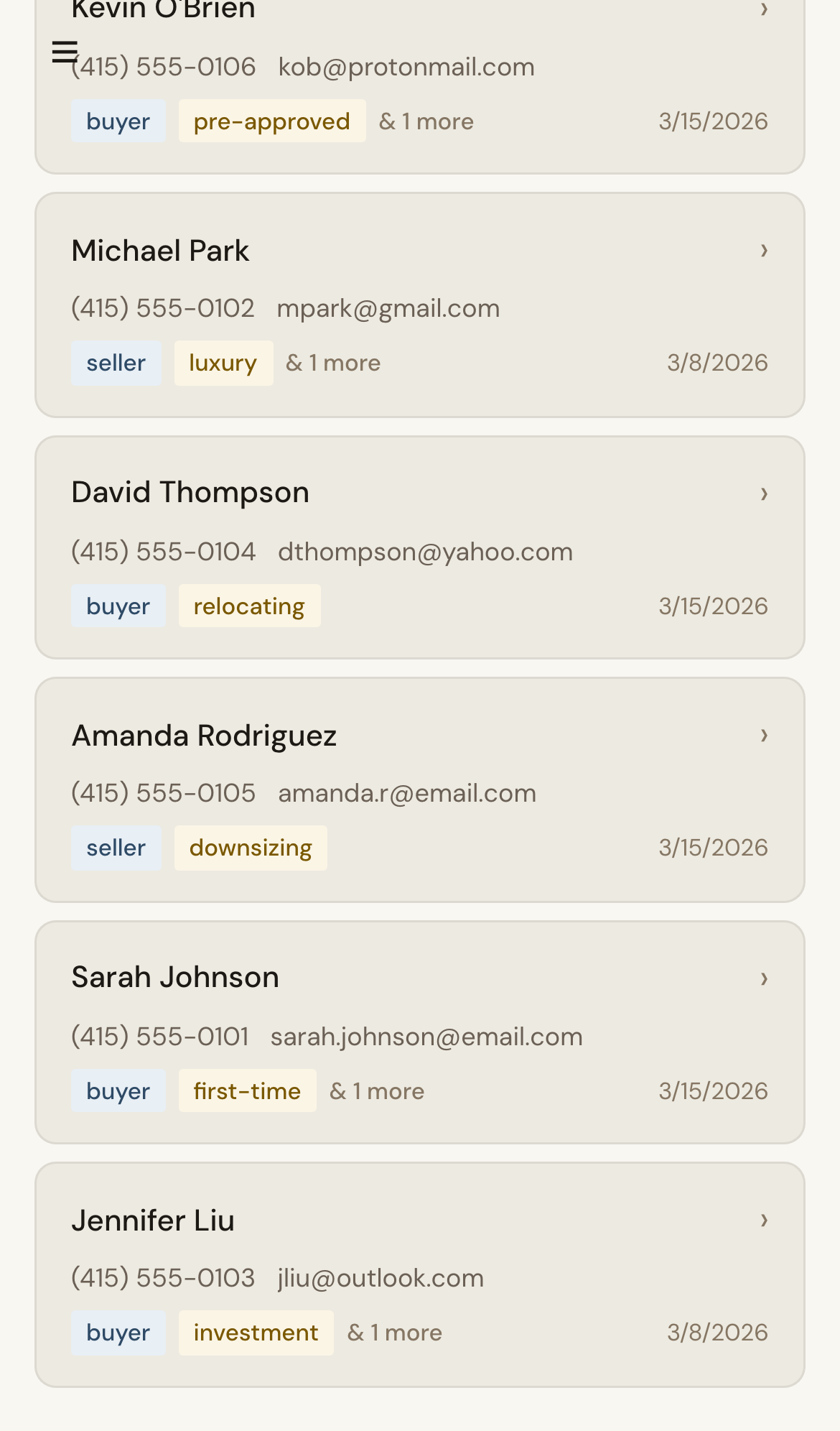 Mobile screenshot for Add Your First Lead: Enter name details and at least one contact method.
