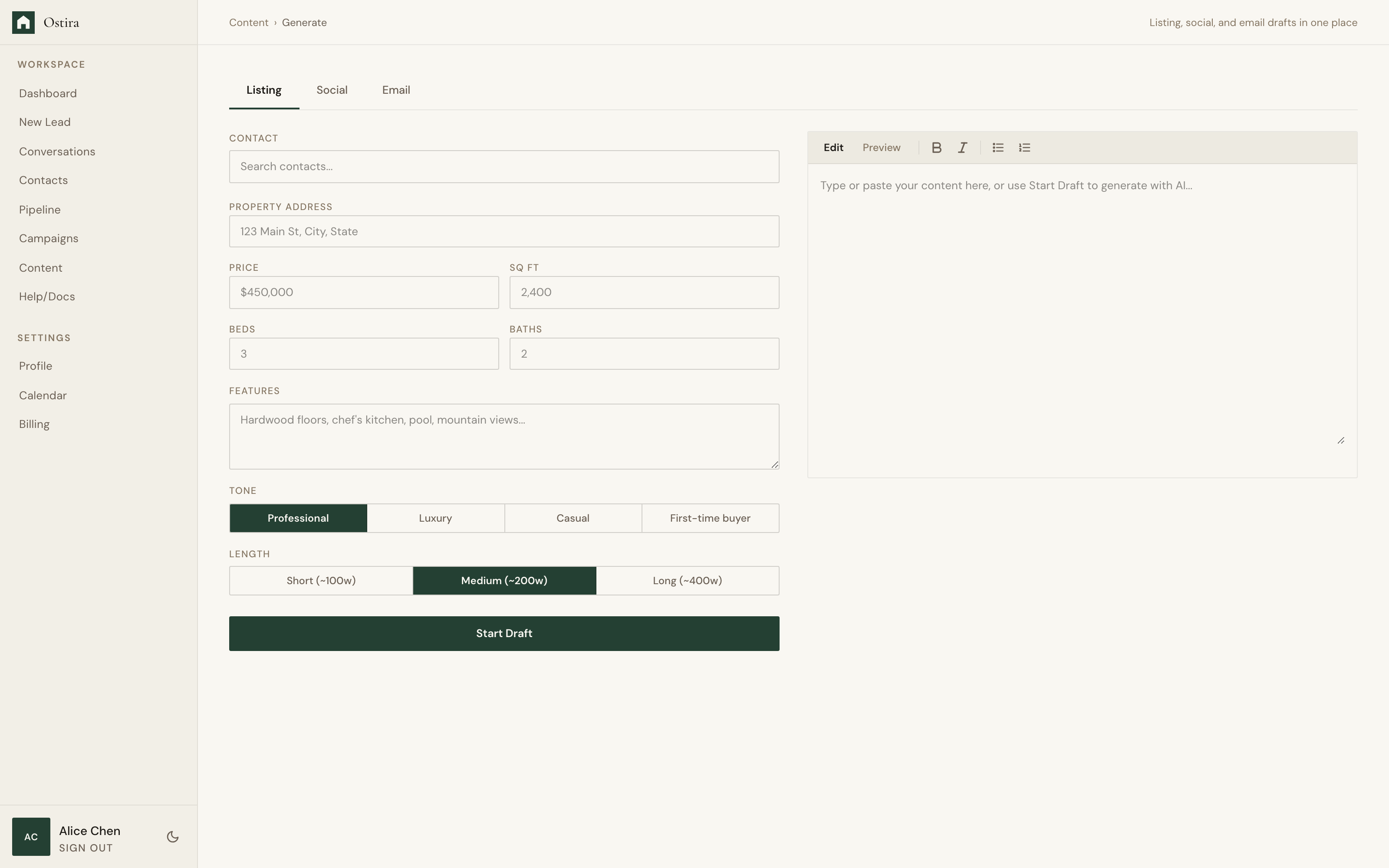 Desktop screenshot for Generate AI Content: Open Content Generate and choose a content type.