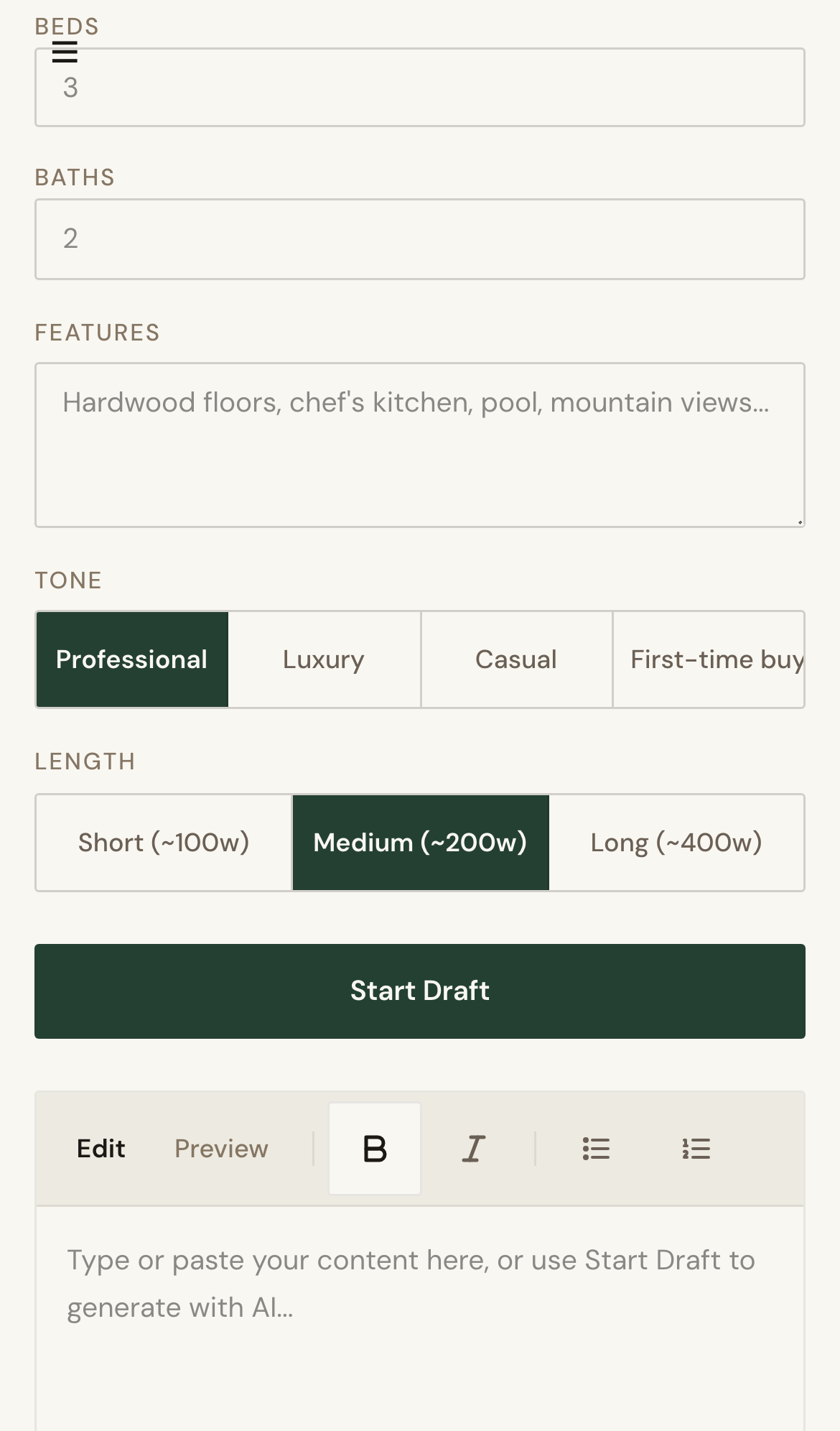 Mobile screenshot for Generate AI Content: Enter required context and run generation.
