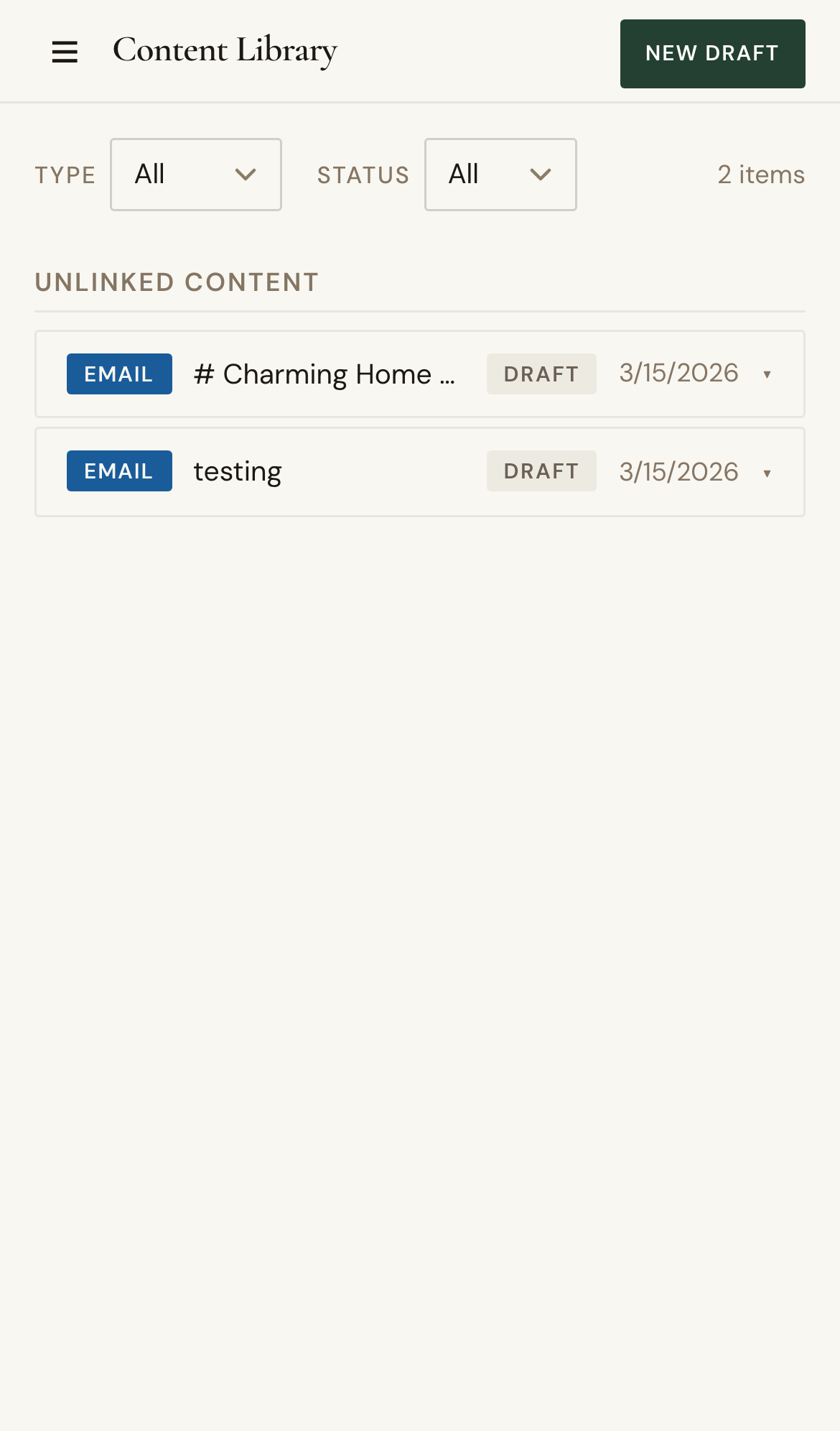 Mobile screenshot for Manage Content Library: Open Content and filter by type or status.