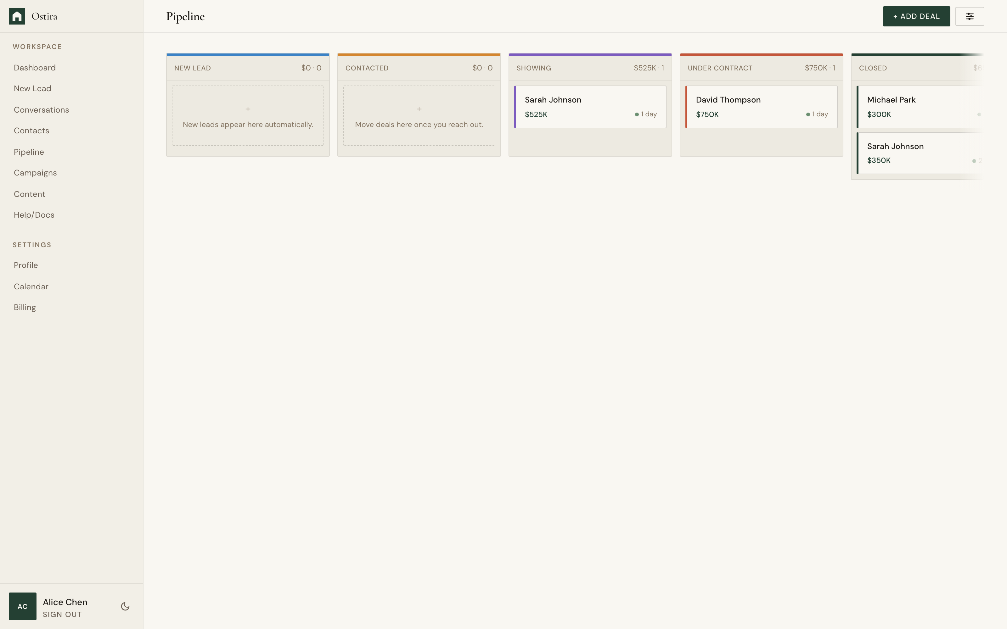 Desktop screenshot for Manage Your Pipeline Board: Move deals to the correct stage as progress changes.