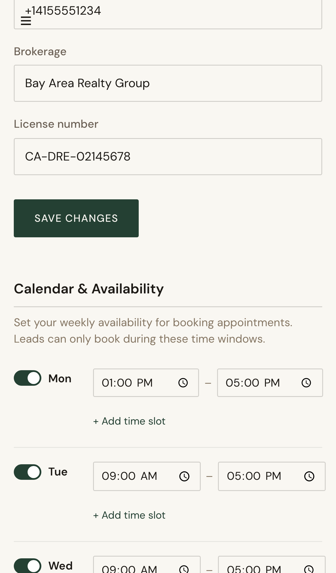 Mobile screenshot for Update Profile and Availability: Adjust weekly availability windows.