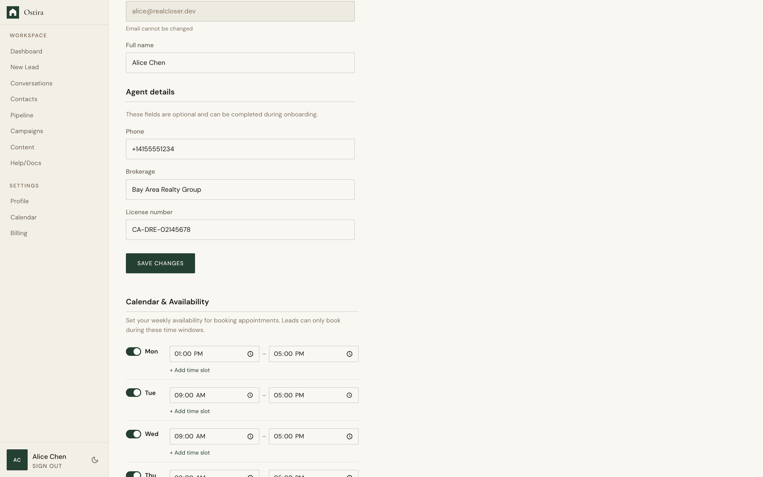 Desktop screenshot for Welcome to Ostira: Open Profile and confirm your account details.